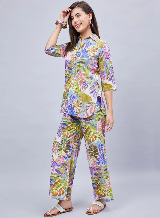 WineRed طقم تونيك بياقة مطبوعة مع بنطال